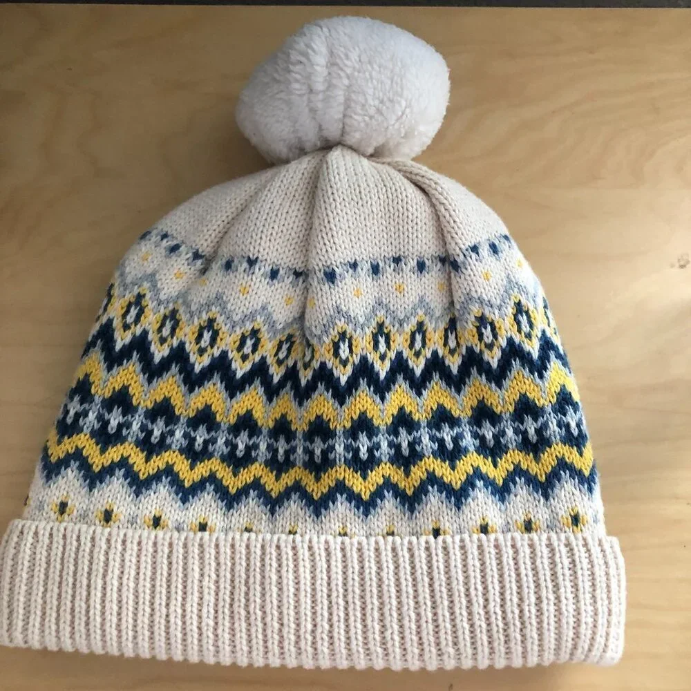 Baby Gap Fair Isle Wool Fleece Lined Beanie Hat 18 - 24 M Ivory Blue Yellow NEW